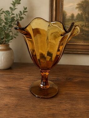 Vintage Amber Pressed Glass Pedestal Compote Bowl Ruffled Edge Mid-Century Decor